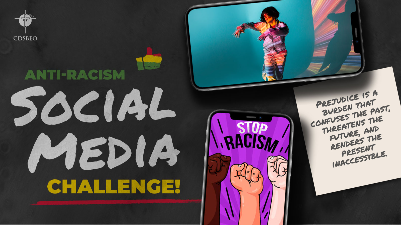Graphics for the anti-racism social media challenge including phones showing dancers and anti-racism posters.